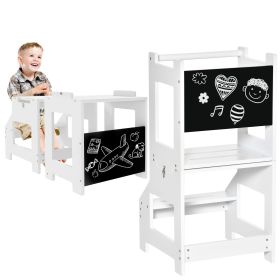 Qaba 2-in-1 White Kids Kitchen Step Stool & Table Chair Set with Safety Rail & Chalkboard, Perfect for Bathroom