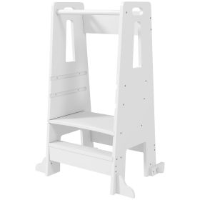 Qaba Height Adjustable Toddler Tower w/ Safety Rail, Handlbar, for Bathroom, Kitchen, White