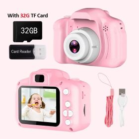 Mini Cartoon Kids Photo Camera 2 Inch HD Screen Children Digital Camera Video Recorder Camcorder Toys For Child Birthday Gift (Color: Pink with 32G Card, Ships From: China)