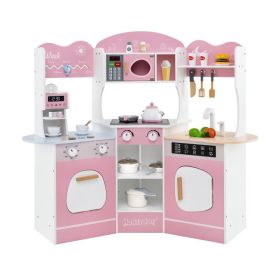 Corner Wooden Play Kitchen with Coffee Machine and Slide for Kids (Color: Pink)